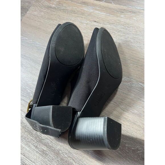 Chaps Womens Black Heeled Sandals Size 8.5B Canvas & Leather Upper Peep Toe Bloc - Picture 4 of 6
